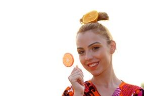 blonde with an orange on her head