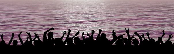 silhouette of a crowd of people on a background of purple sea