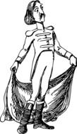 black and white graphic image of a comic character with a long cloak