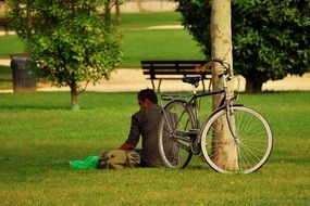 a man is sitting in a park under a tree