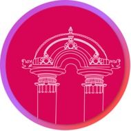 drawing of the temple on a pink circle
