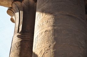 hieroglyphs on large pillars in the Egyptian temple