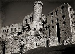 black and white photo of a ruined castle