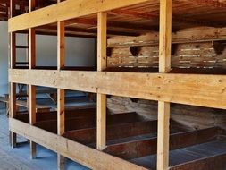 wooden beds in three floors in a concentration camp