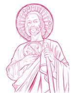 pink drawing of saint on white background