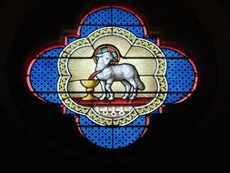 colorful bright church stained glass window with a lamb