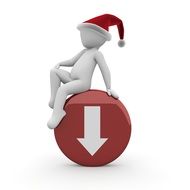 white figure as a santa claus sits on a red button with an arrow