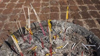 burned incense sticks in pot, thailand, sakon nakhon