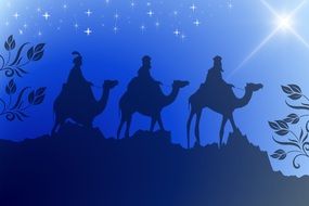 silhouette of three wise men on camels