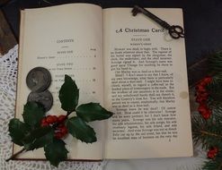 Christmas book, key , flower and coins