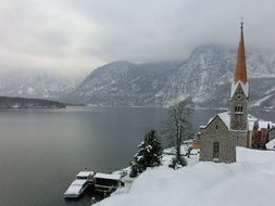 church on the lake in winter