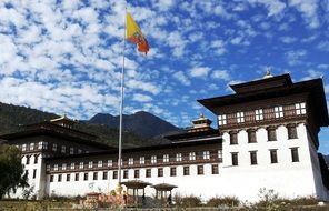 flag in front of Trashi Chhoe Dzong palace, Bhutan, Thimphu