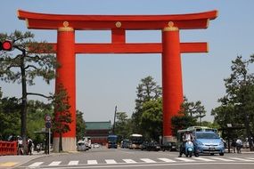 historic red wooden arch in japan