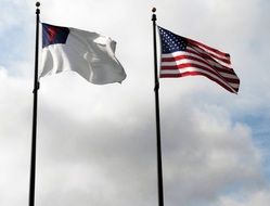 Christian and American Flags waving at clouds