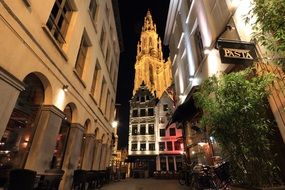 night street panorama in Antwerp, Belgium
