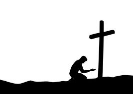 silhouette of man praying at cross, drawing