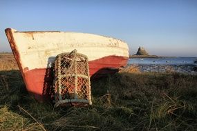Crab Fishing Pot at Boat on Seacoast, uk, england, northumberland