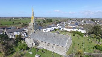 medieval church with spire in countryside, uk, england, Cornwall