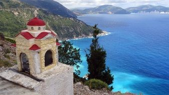 church with a red roof on the island of Cephalonia, Greece