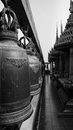 black and white photo of bells in the Temple of the Tiger Cave