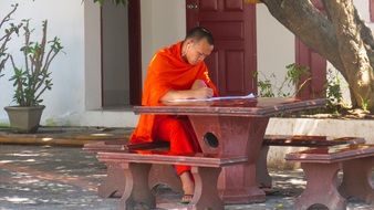 monk in buddhist temple in Luangprabang Asia Temple