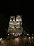 Square in front of Notre Dame with lights at night in Paris, France