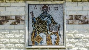 st Spyridon, mosaic on church wall, Cyprus, Aradippou