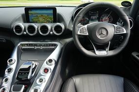 driver's seat in the passenger compartment of a mercedes-benz close up