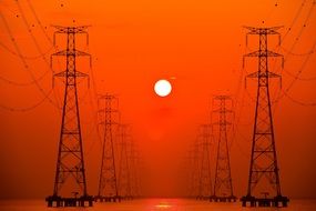 power line on the background of an orange sunset in the Republic of Korea