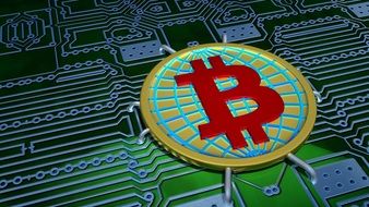 Bitcoin symbol on Digital board, 3D rendering