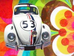 photo of a vintage volkswagen on a colorful background