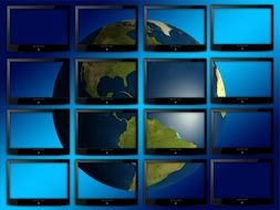 wall of monitors with the earth picture