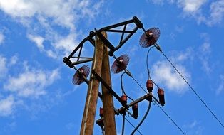 power line on a pillar against a blue sky