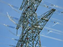 huge pylon of power lines against a clear sky