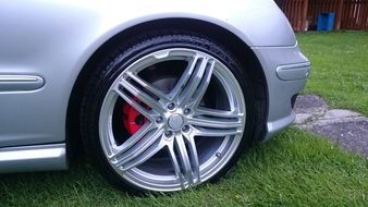 wheel of a silver Mercedes Benz close up