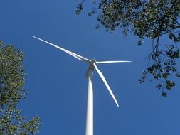 White tall wind mill among the trees