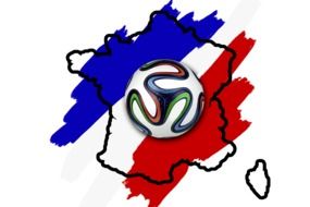 emblem with soccer ball and national colors of france at white background