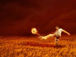 football player kicking the burning ball