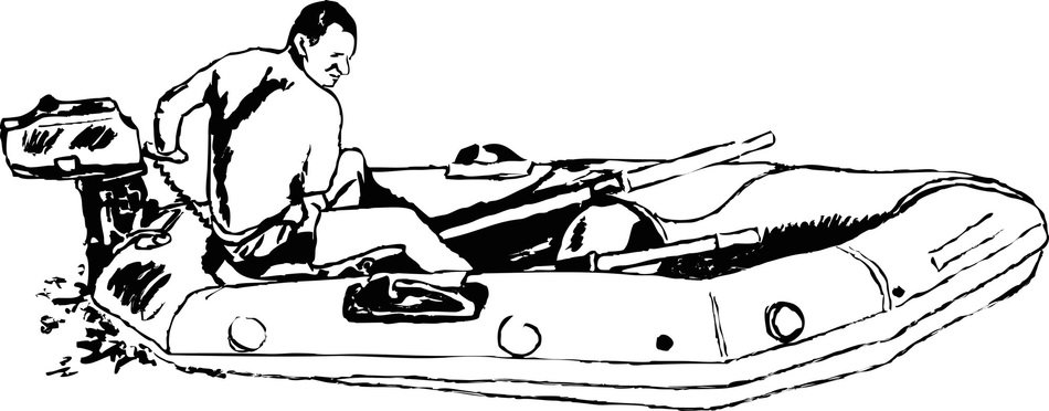 black and white graphic image of a man on a boat