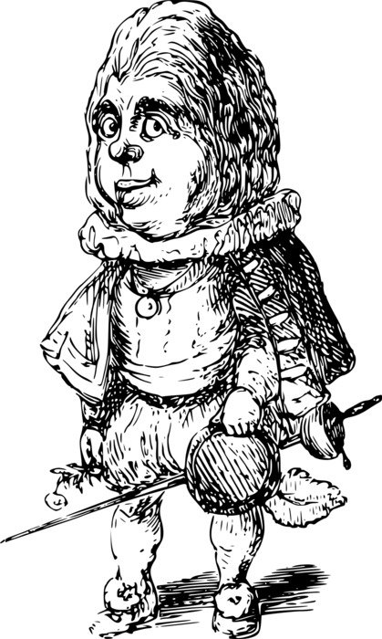 Black and white drawing of the caricature of a man with the sword