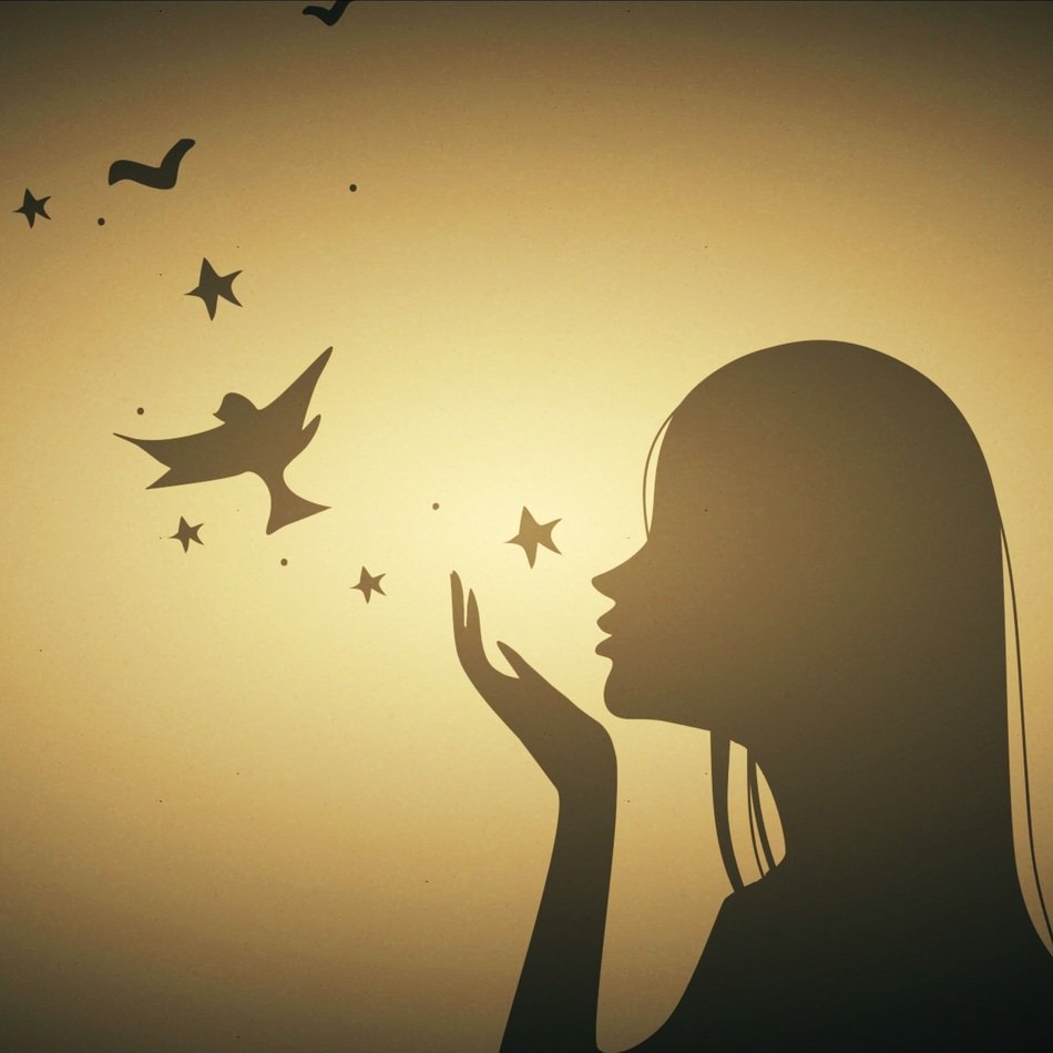 painted profile of sensual girl with birds and stars