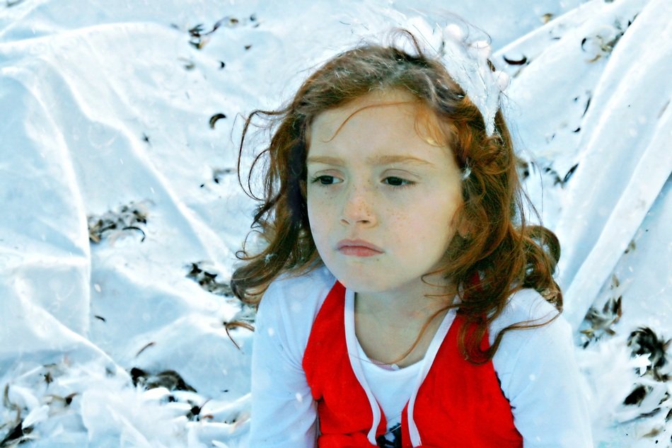 beautiful little girl among the snowy landscape