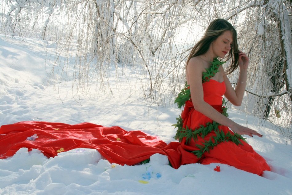 girl in a scarlet dress among the snow