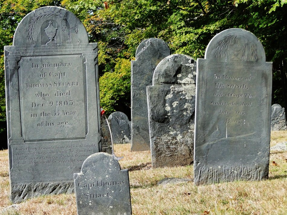 gray gravestones in a cemetery on a sunny day