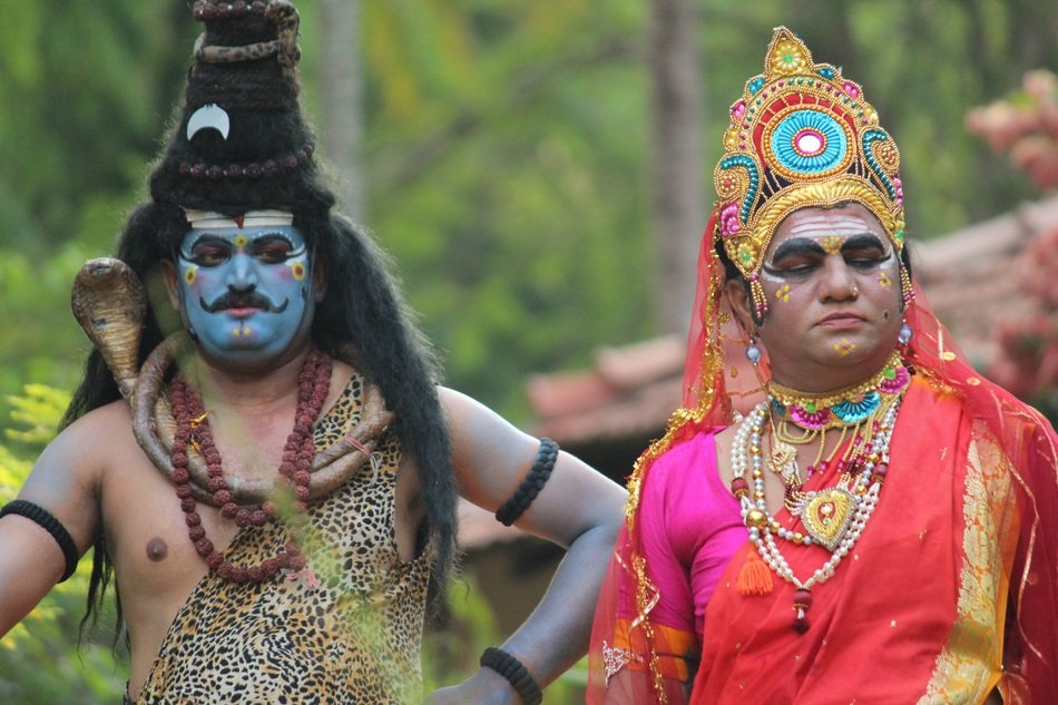 Goddess costumed men, drama actors, India