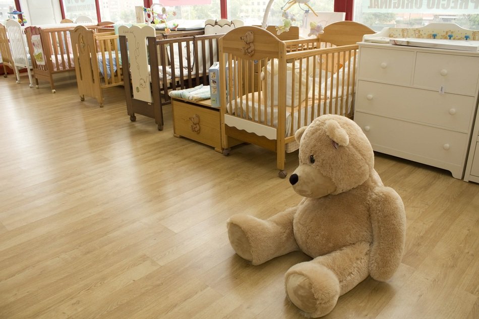 teddy bear on the background of cots