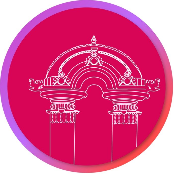drawing of the temple on a pink circle