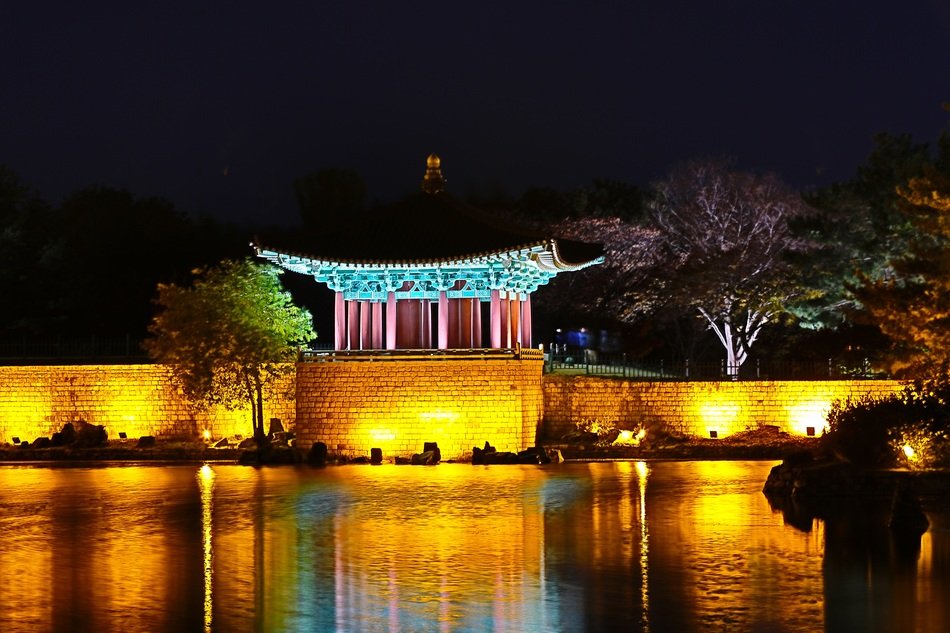 temple with night illumination in korea