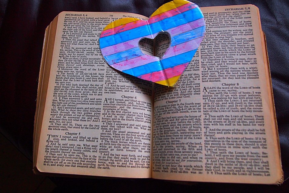 cardboard heart on the bible