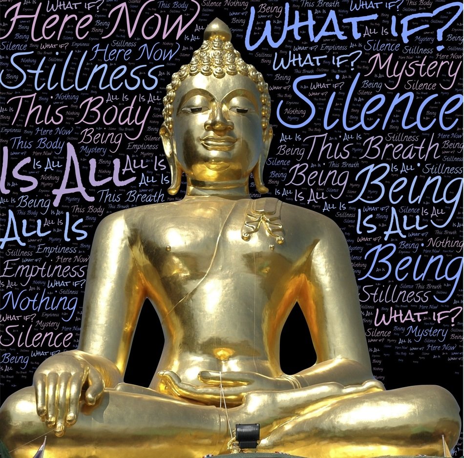 Mindfulness , buddha in Meditation, golden statue at word cloud